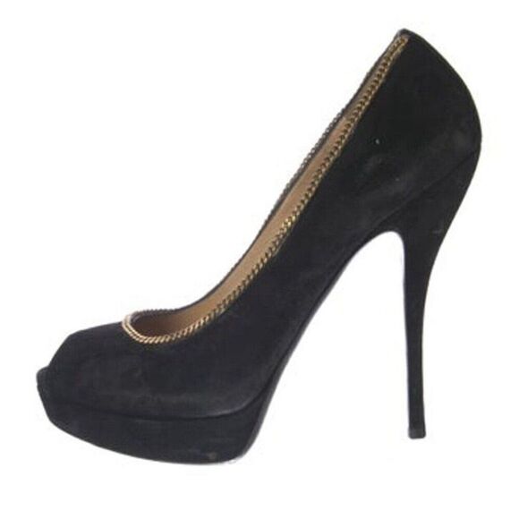 Gucci Authentic Black Gold Chain Genuine Suede Leather Peep Toe Heels Pumps 9 - Picture 1 of 8
